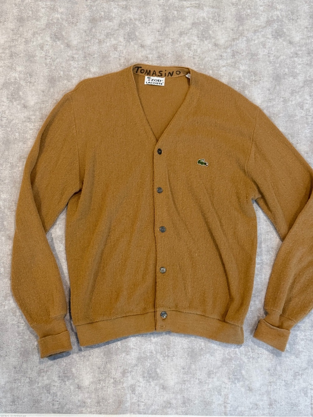 Vintage 80’s Lacoste Men’s Camel Brown V-Neck Button Cardigan Sweater